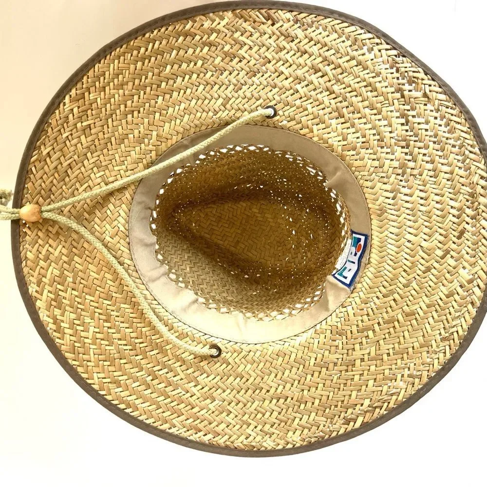 Dorfman Pacific Wide Brim Natural Straw Sun Hat with Green Band Chin Strap XL